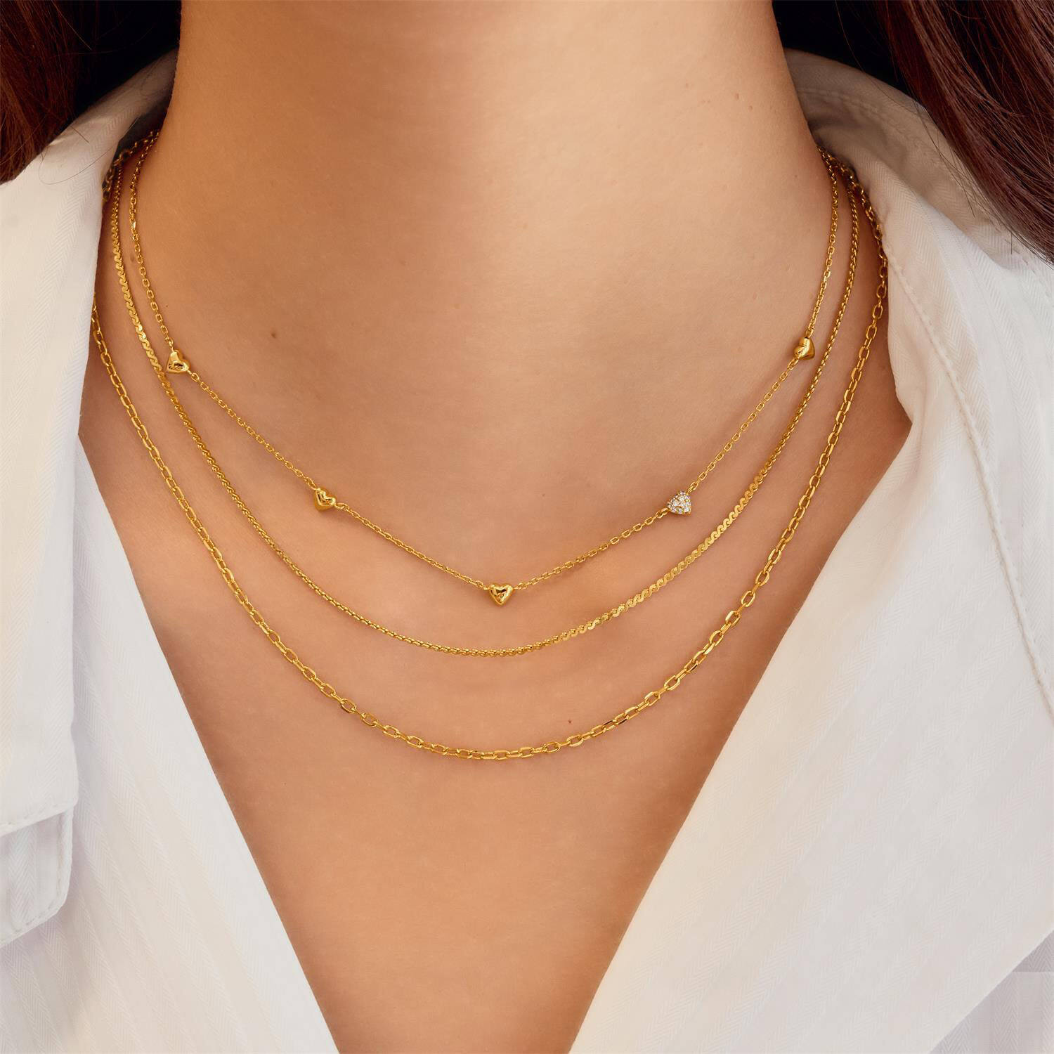  Starlit Drops - Link necklaces - Silver / 14kt GP - Zirconia - 45cm